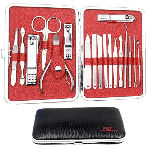 Product Cover ZIZZON Stainless Steel Manicure Set 18 in 1 Nail Grooming Kit with Black Leather Travel Case(Red)