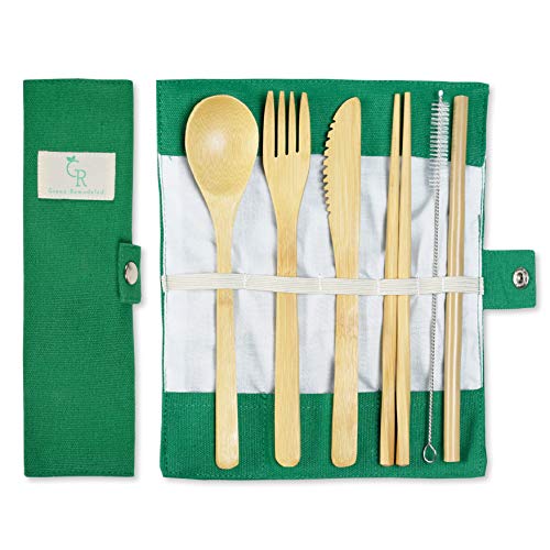 Product Cover Bamboo Silverware Portable Straw Reusable Cutlery Travel Set Reusable Utensils Bamboo Cutlery Set Wooden | Fork Knife Spoon Chopsticks Straw Straw Cleaner | Sustainable Travel Pouch
