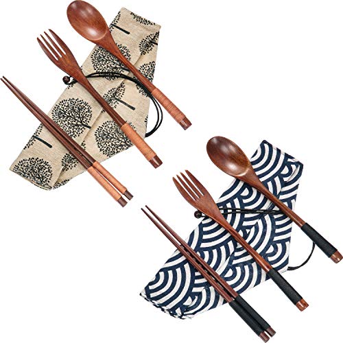 Product Cover Tatuo 2 Set Wooden Flatware Tableware Cutlery Set Travel Utensils Tied Line Reusable Flatware, Wooden Fork Spoon Chopsticks