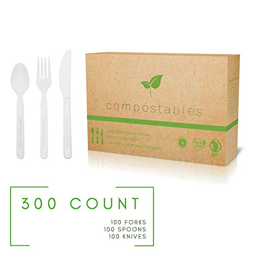 Product Cover 100% Eco-Friendly Compostable Cutlery Set - 300 Pieces (100 Forks | 100 Spoons | 100 Knives) - Durable Disposable Utensils Made from Renewable Plant-Based Resources