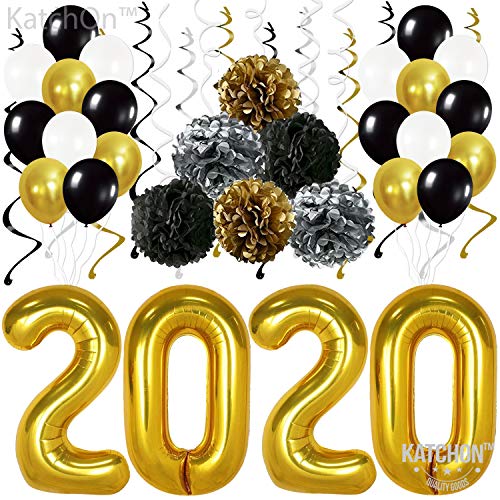 Product Cover Gold 2020 Balloons Decorations Banner - Pack of 31 | Black Gold Silver Hanging Party Swirls, Tissue Paper Pompoms and Latex Balloon | Graduations Party Supplies Kit, New Years Eve Party Supplies 2020