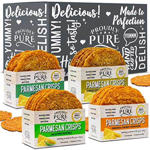 Product Cover Proudly Pure Parmesan Cheese Crisps - Keto Snacks Zero Carb Crunchy Delicious Healthy 100% Natural Aged Cheesy Parm Chips Wheat, Soy & Gluten Free Keto Crackers Low Carb Snacks | Variety 4 PACK