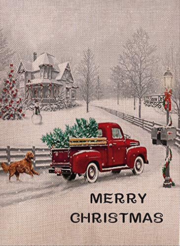 Product Cover Selmad Home Decorative Merry Christmas Garden Flag Red Truck Double Sided, Rustic Quote House Yard Flag Xmas Pickup, Winter Holiday Dog Yard Decorations, Golden Retriever Seasonal Outdoor Flag 12 x 18
