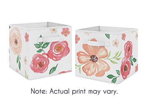 Product Cover Sweet Jojo Designs Peach and Green Watercolor Floral Organizer Storage Bins for Collection - Set of 2 - Pink Rose Flower