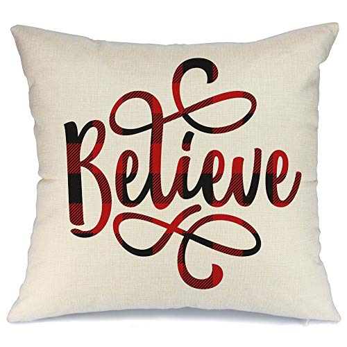 Product Cover AENEY Farmhouse Christmas Plaid Pillow Cover 18x18 inch for Christmas Decor Believe Black and Red Buffalo Check Throw Pillow Buffalo Plaid Christmas Decorations Throw Pillow Cover