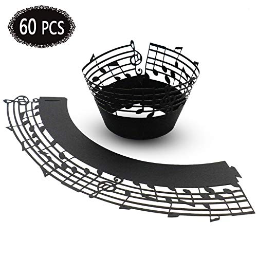 Product Cover Timoo 60 Pcs Cupcake Wrappers, Music Notes Lace Laser Paper Baking Cut Liner for Wedding, Birthday, Party, Decoration (Black)