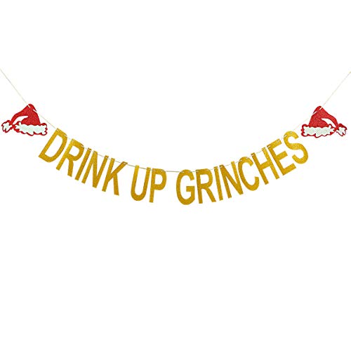 Product Cover LeeSky Gold Glittery Drink Up Grinches Christmas Hat Banner- Christmas Party Holiday Decoration Supplies