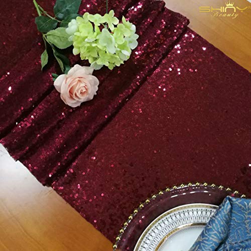 Product Cover ShinyBeauty Sequin Table Runner Burgundy 12x108-Inch Runner Wine Table Covers for Party Bridal Shower Decorations -1025S