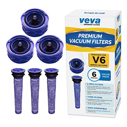 Product Cover VEVA 6 Pack Premium Vacuum Filter Set with 3 Pre Filters and 3 HEPA Filters Compatible with Dyson V6 Absolute Vacuums, Part # 965661 & 966741