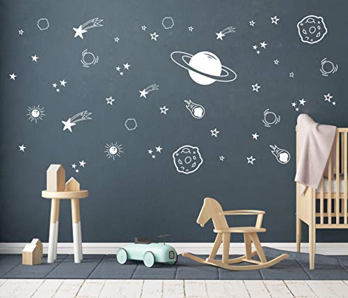 Product Cover Planet Wall Decal, Boys Room Decor, Outer Space Wall Decals, Star Wall Stickers, Vinyl Wall Decals for Children Baby Kids Boys Bedroom, Nursery Decor(Y04) (White)