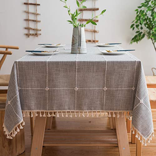 Product Cover Mokani Washable Cotton Linen Solid Embroidery Checkered Design Tablecloth, Rectangle Table Cover Great for Kitchen Dinning Tabletop Buffet Decoration (55 x 86 Inch, Gray)