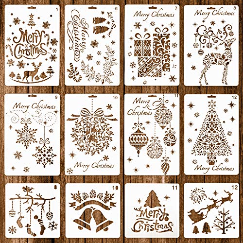 Product Cover Whaline 12 Pack Christmas Stencils Bullet Journal Templates Reusable Plastic for Craft Art Drawing Painting Spraying Window Glass and Card DIY Drawing Painting Craft Projects (2 Sizes)