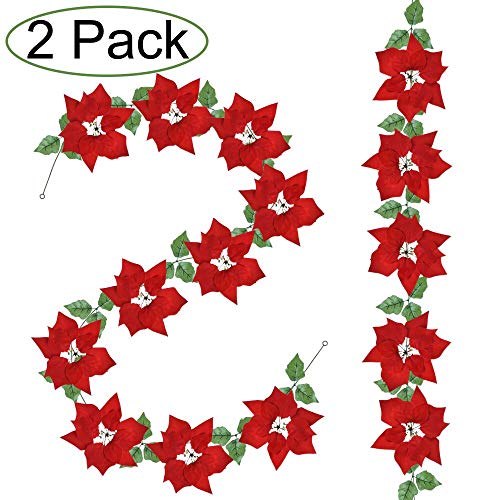 Product Cover 2 Pack Christmas Red Poinsettia Garland Christmas Decorations Christmas Garland with Holly Leaves and Red Berries for Christmas Party Holiday Front Door Wreath Decor