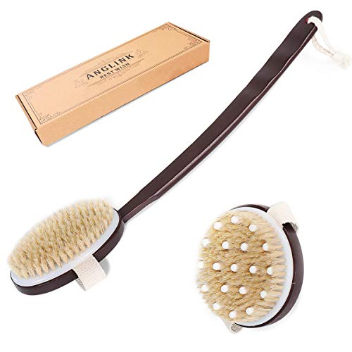 Product Cover Dry Skin Body Brush - 2 Pcs Detachable Natural Bristle Bath Brush with Slip-proof Long Wooden Handle, Back Brush Scrubber for Cellulite, Exfoliate, Removing Dead Skin, Perfect Gift for Women