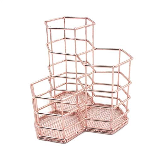 Product Cover Pen Cup Holder for Desk Rose Gold, LEEGOAL Hexagon Metal Makeup Brush Organizer Stationery Storage Container Pencil Marker Gel Pen Holder Basket for Office Home School Classroom
