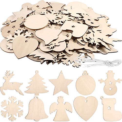 Product Cover Tatuo 120 Pieces Unfinished Wooden Ornaments Christmas Wood Ornaments Hanging Embellishments Crafts for DIY, Christmas Hanging Decoration in 10 Shapes