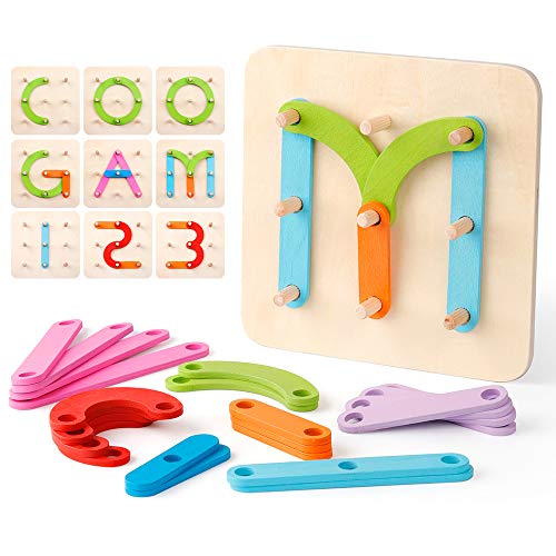 Product Cover Coogam Wooden Letter Number Construction Puzzle Educational Stacking Blocks Toy Set Shape Color Sorter Pegboard Activity Board Sort Game for Kids Toddler Gift Preschool Learning STEM Toy