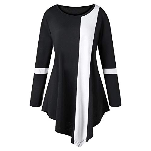 Product Cover Sinfu Plus Size Fashion Women Casual Long Sleeve Two Tone Color O-Neck Asymmetric Tops