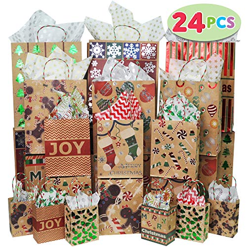 Product Cover JOYIN 24 Christmas Foil Kraft Gift Bags Assorted Sizes with Twine Handles for Xmas Holiday Present Wrap Décor, Kraft Goody Bags, School Classroom Party Favor Supplies, Goodie Bags Decoration.