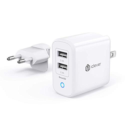 Product Cover iClever BoostCube II+ Travel USB Charger with US|EU Plug, 24W Dual Wall Charger with SmartID Tech for iPhone Xs/XS Max/XR/X/8/7/6/Plus, iPad Pro Air/Mini and More