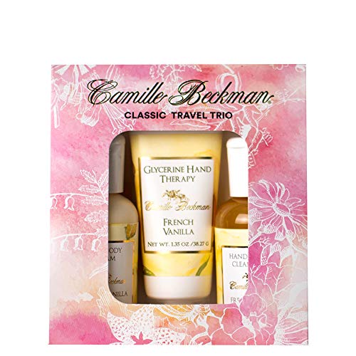 Product Cover Camille Beckman Classic Collection Travel Trios, French Vanilla, Glycerine Hand Therapy 1.35 oz, Silky Body Cream 2 oz, Hand & Shower Cleansing Gel 2 oz
