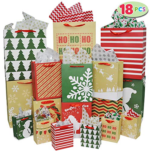 Product Cover 18 Pack Christmas Premium Holiday Gift Bags Assorted Creamy Kraft Style Prints for Xmas Goody Gift Bags, School Classrooms Party Favors Decoration, Holiday Present Wrap Décor.