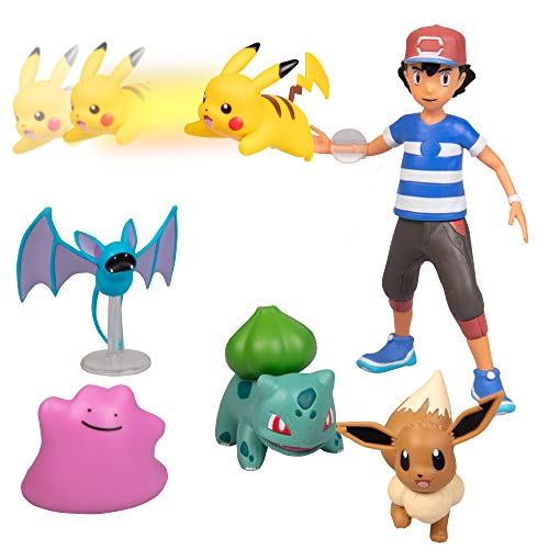 Product Cover Pokémon Battle Figure Multi Pack Set with Launching Action - Generation 1 - Includes Ash, Pikachu, Zubat, Eevee, Ditto and Bulbasaur - 6 Pieces - Ages 4+