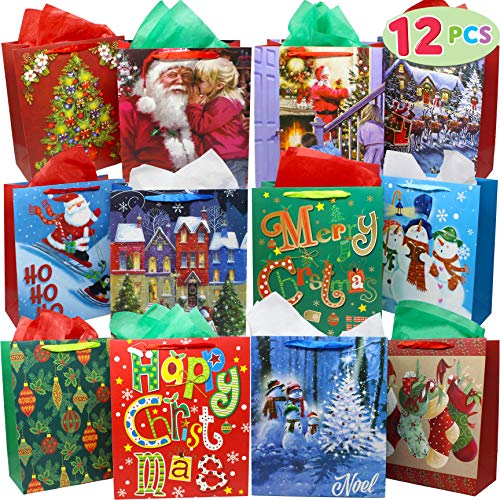Product Cover 12 Christmas Painting Style Gift Bags Bulk with Handles and Name Tags Assorted Designs for Xmas Holiday Wrapping Goodie Bags Party Favor Supplies, Present Wrap Décor, School Classroom Goody Bags.