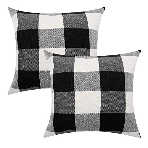 Product Cover Lewondr Checkered Throw Pillow Cover, 2 Pack Breathable Wrinkle-Resistant Linen Throw Pillow Protector Plaid Cushion Cover Home Decor 18 x 18 Inch - Black&White