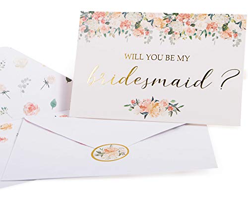 Product Cover Bridesmaid Proposal Cards. Box set of 8 Will You Be My Bridesmaid and 2 Maid of Honor Cards. 4 x 6 Floral Cards with Gold Foil Ideal for Bridal Party or to go with Bridesmaid Gifts