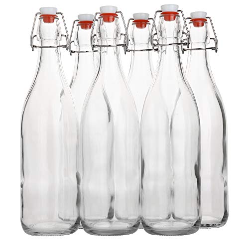 Product Cover Flip Top Glass Bottle [1 Liter / 33 fl. oz.] [Pack of 6] - Swing Top Brewing Bottle with Stopper for Beverages, Oil, Vinegar, Kombucha, Beer, Water, Soda, Kefir - Airtight Lid & Leak Proof Cap - Clear