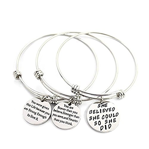 Product Cover 3 Sets Adjustable Bracelet Plated Stainless Steel Motivational Quote Bangle Silver Girls