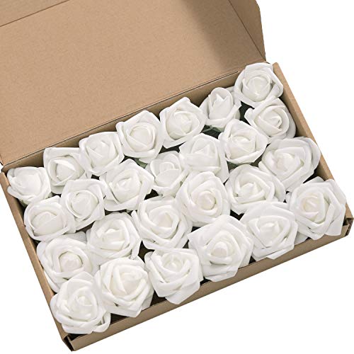 Product Cover Ling's moment Roses Artificial Flowers 24pcs Realistic White Rose Buds and Petite Roses w/Stem for DIY Wedding Bouquets Centerpieces Boutonniere Corsages Flower Decorations
