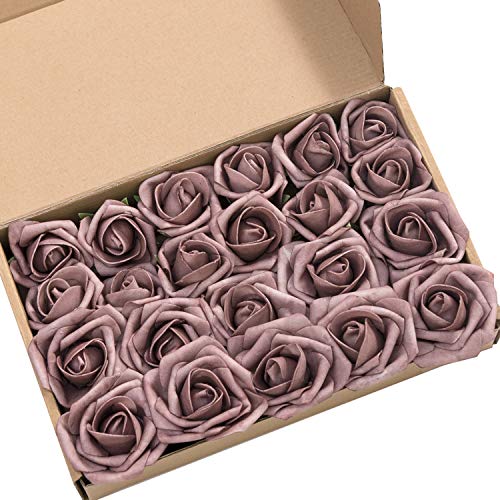 Product Cover Ling's moment Roses Artificial Flowers 24pcs Realistic Dusty Rose Rose Buds and Petite Roses w/Stem for DIY Wedding Bouquets Centerpieces Boutonniere Corsages Flower Decorations