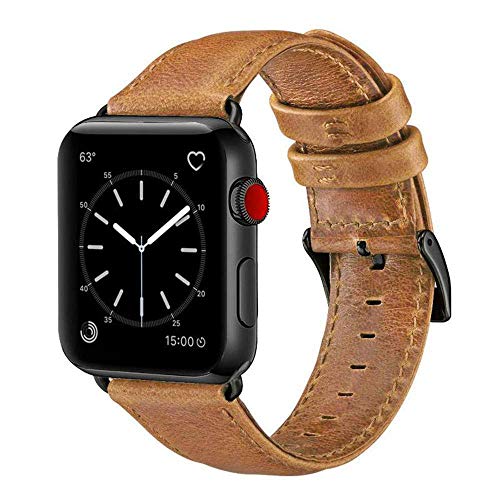 Product Cover OUHENG Compatible with Apple Watch Band 38mm 40mm, Genuine Leather Band Replacement Compatible with Apple Watch Series 5 4 3 2 1 38mm 40mm Sport and Edition, Retro Brown