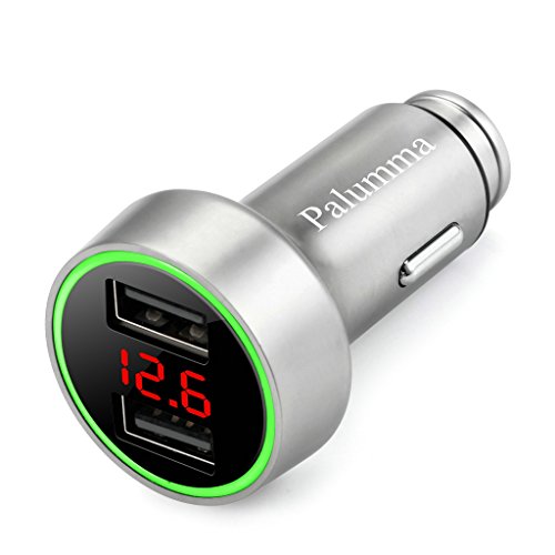 Product Cover Palumma 24W/4.8A Dual USB Car Charger, 12V to USB Outlet with Cigarette Lighter Voltage Meter LED/LCD Display Battery Low Voltage Warning (Silver)