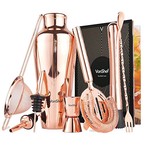 Product Cover VonShef Parisian Cocktail Shaker Barware Set in Gift Box with Recipe Guide, Cocktail Strainers, Twisted Bar Spoon, Jigger, Muddler and Pourers, Copper, 9 Piece Set, 17oz