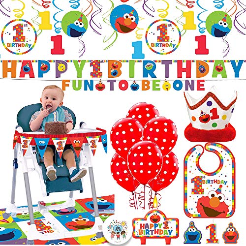 Product Cover Sesame Street's Elmo Fun To Be One Birthday Party Supplies Decorations Pack With Swirl Decorations, Bib, High Chair Deco Kit, 6 Balloons, Birthday Banner, Candles, Crown, and Bday Pin By Another Dream