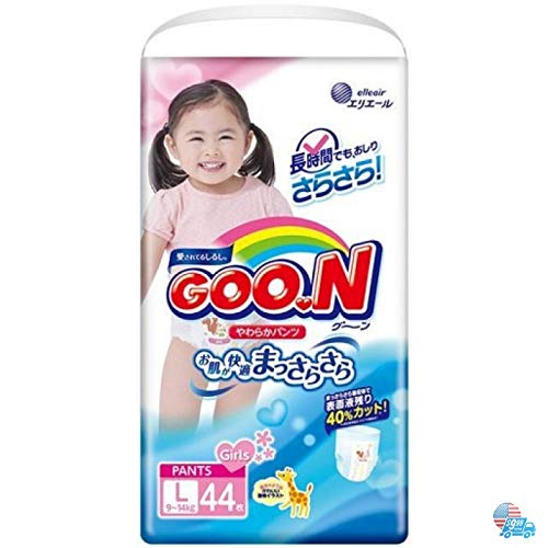 Product Cover Pants - Japanese Tapes - Import Nappies GooN Smooth Air-Through - Comfortable Fit - Prevents Leakage from The Sides - Less Pressure On Your Baby's Tummy L Girls 44 pcs 20-31 lbs