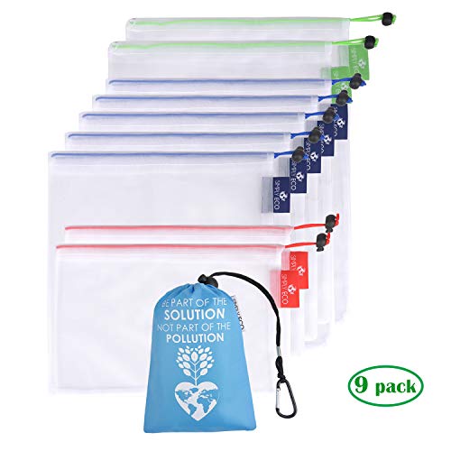 Product Cover Simply Eco 9 Zero Waste Reusable Produce Bags with Weight & Color-coded tags. See-Through mesh Green Bags for Fruit and Veggies, Fridge Organizing, Toys & Accessories. Double-Stitched Strength