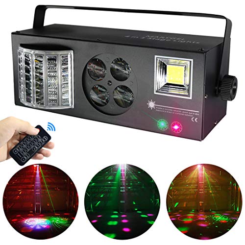 Product Cover Stage Lights,MARYGEL 4 in 1 Mixed Effect Sound Activated RGBW LED Pattern Lights Strobe Light By Remote and DMX Control for DJ Club Disco Party Wedding Birthday Christmas(Black)