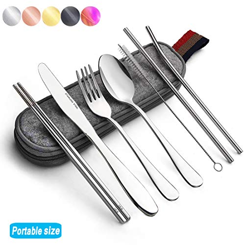 Product Cover Portable utensils silverware flatware set, Travel Camping Cutlery set, 8-Piece including Knife Fork Spoon Chopsticks Cleaning brush Straws Portable bag, Stainless steel Flatware set (S size)