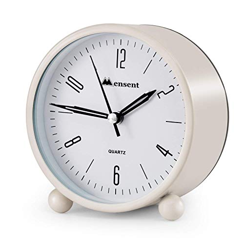 Product Cover Alarm Clock.Mensent 4 inch Round Silent Analog Alarm Clock Non Ticking,with Night Light, Battery Powered Super Silent Alarm Clock, Simple Design Beside/Desk Alarm Clock (White)