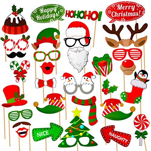 Product Cover Christmas Photo Booth Props Kit(32Pcs) DIY Photo Booth Prop Pose Sign Kits for Adults Kids for Christmas Party Supplies (Christmas)