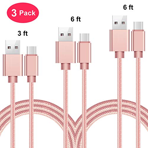 Product Cover USB Type C Cable 3 Pack, Pinfox USB C Cable (3ft, 6ft, 6ft) Nylon Braided USB C to USB A Fast Charging Cord Compatible Galaxy S9 S8 Note 8, LG V20 V30 G5 G6 G7, Axon 7 Blade V8 Rose Gold (Pink)