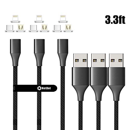 Product Cover NetDot Gen10 3 in 1 Nylon Braided Magnetic Charging Cable with LED,Fast Charging Magnetic Cable Compatible Micro USB & USB-C Smartphones and i-Product (3.3ft/3 Pack Black)