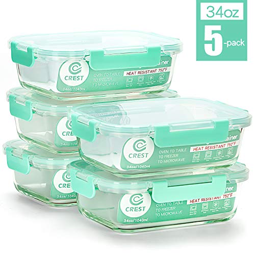 Product Cover [5-Pack,34Oz] Glass Containers for Meal Prepping - Food Storage Containers with Locking Lids - Glass Food Storage Containers for kitchen use - Glass Meal Prep Containers