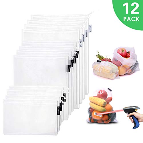 Product Cover Atopsell Direct Scannable Reusable Mesh Produce Bags 100% Polyester Transparent Lightweight Washable Durable Bags with 3 Different Sizes for Storage Grocery Shopping (12 pack)