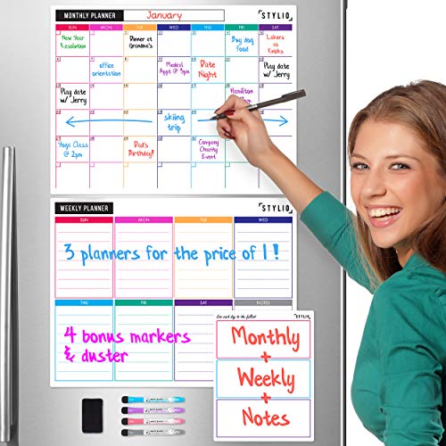 Product Cover STYLIO Dry Erase Calendar Whiteboard. Set of 3 Magnetic Calendars for Refrigerator: Monthly, Weekly Organizer & Daily Notepad. Wall & Fridge Family Calendar. 4 Fine Point Markers & Eraser Included