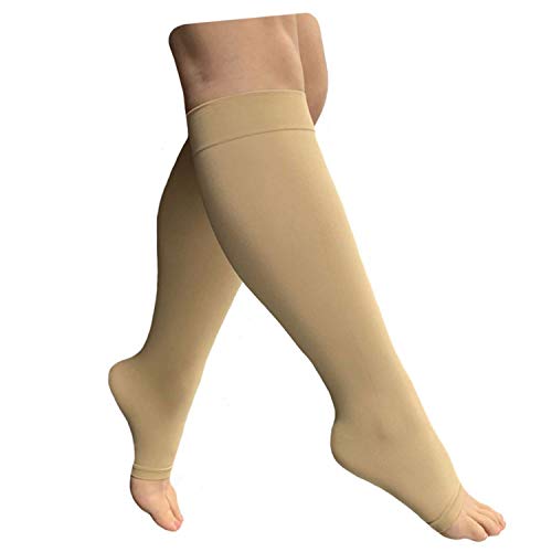 Product Cover HealthyNees 15-20 mmHg Compression Med Grade Extra Wide Big Large Plus Size Calf Fatigue Leg Swelling Circulation Women Men Open Toe Sock (Beige, 3XL)